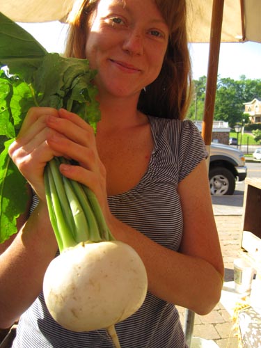 Kim, a Greenstar intern, with a huge turnip!